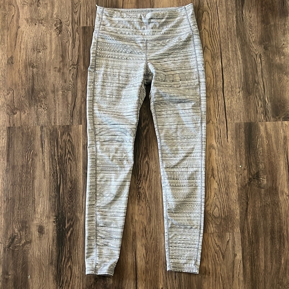 Athleta Leggings Womens Large Grey Beige Mid Rise Chaturanga Large Jacquard